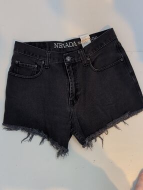 Black Denim Frayed Hem Women's Shorts